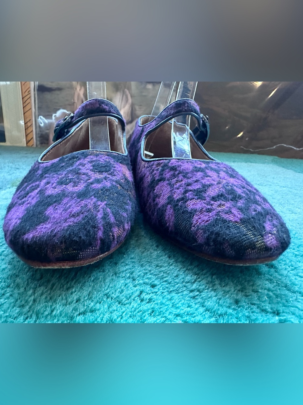 SOLD!! Fluevog Softly Pirouette purple floral wool silver buckle MJ flat- 7 - Picture 9 of 16